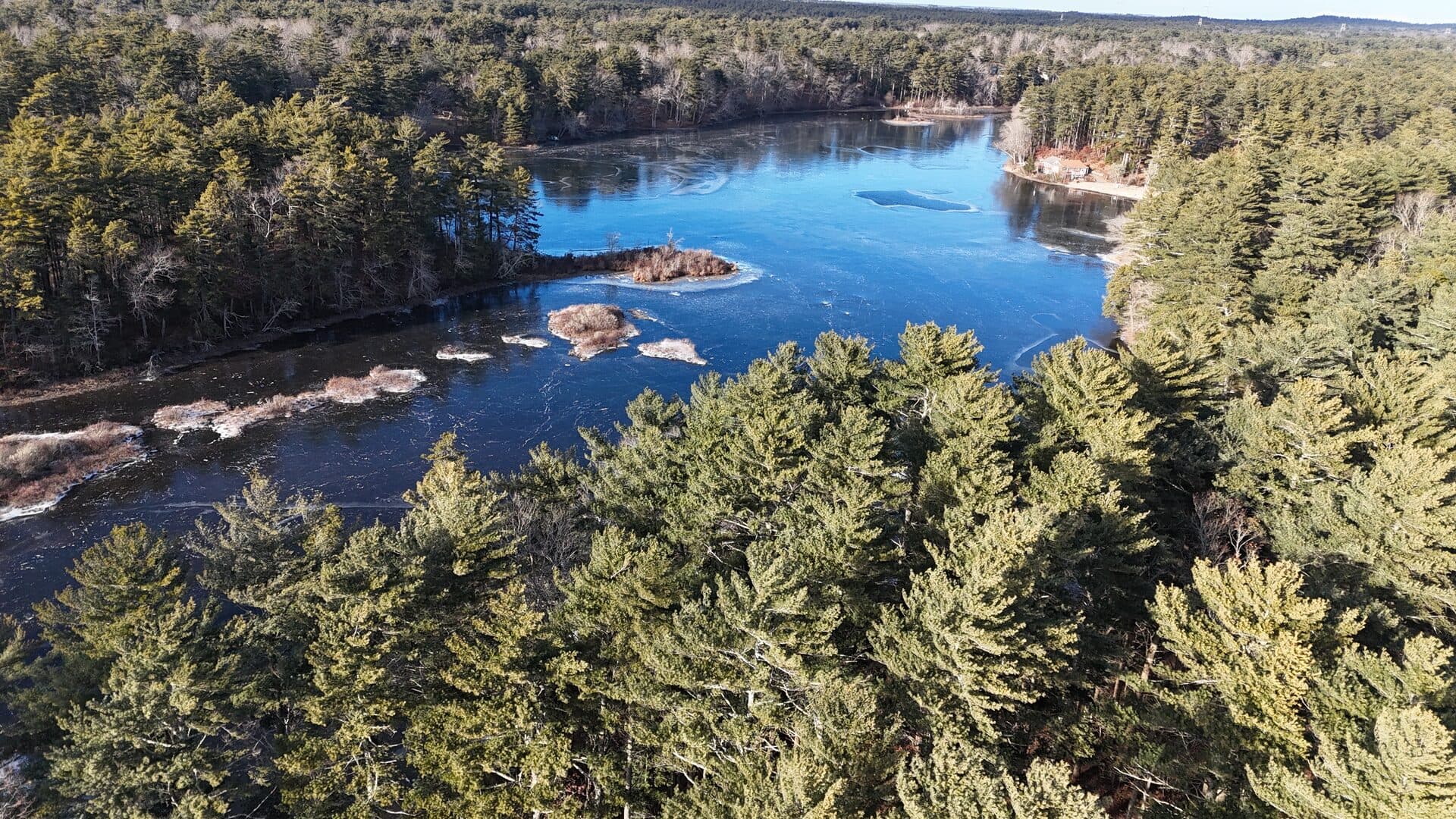 Aerial view of Fresh Meadow Pond — 118 waterfront acres of Plymouth Rod & Gun Club grounds